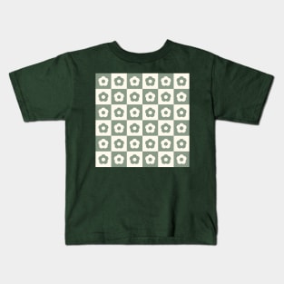 Sage Green Vintage Flower Checkers Kids T-Shirt